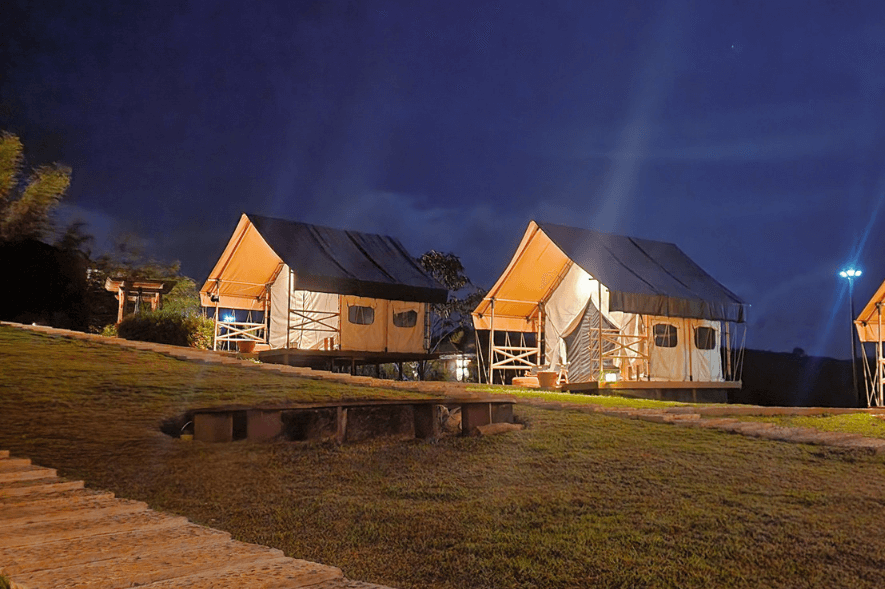 sofia's lake glamping tent at night